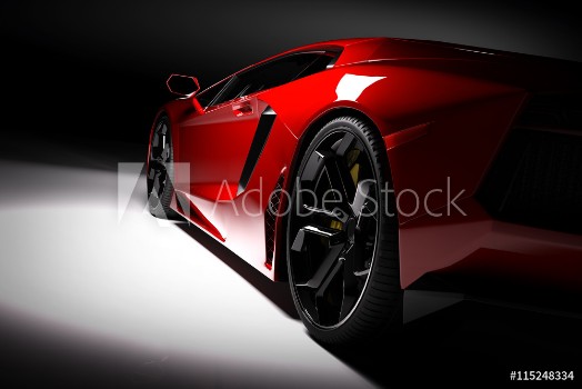 Bild på Red fast sports car in spotlight black background Shiny new luxurious